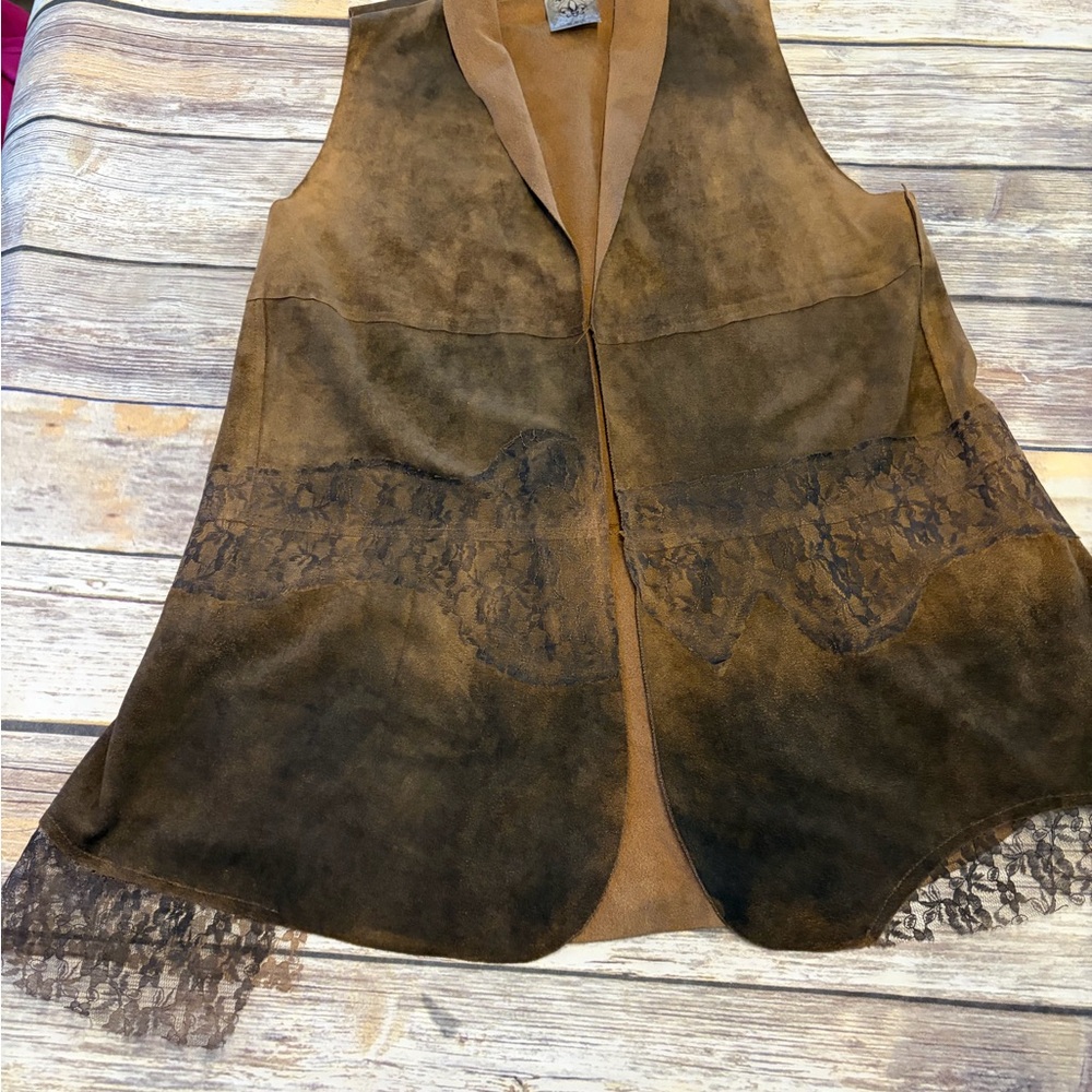 Vocal Brown Suede Look Vest with Lace Accents